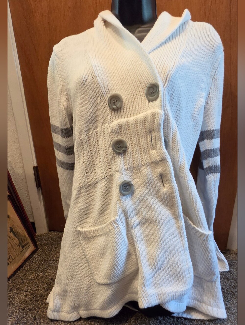 "if it were me" White Knit Button Cardigan Hoodie Gray Stripe Sleeves SzL - Picture 1 of 6